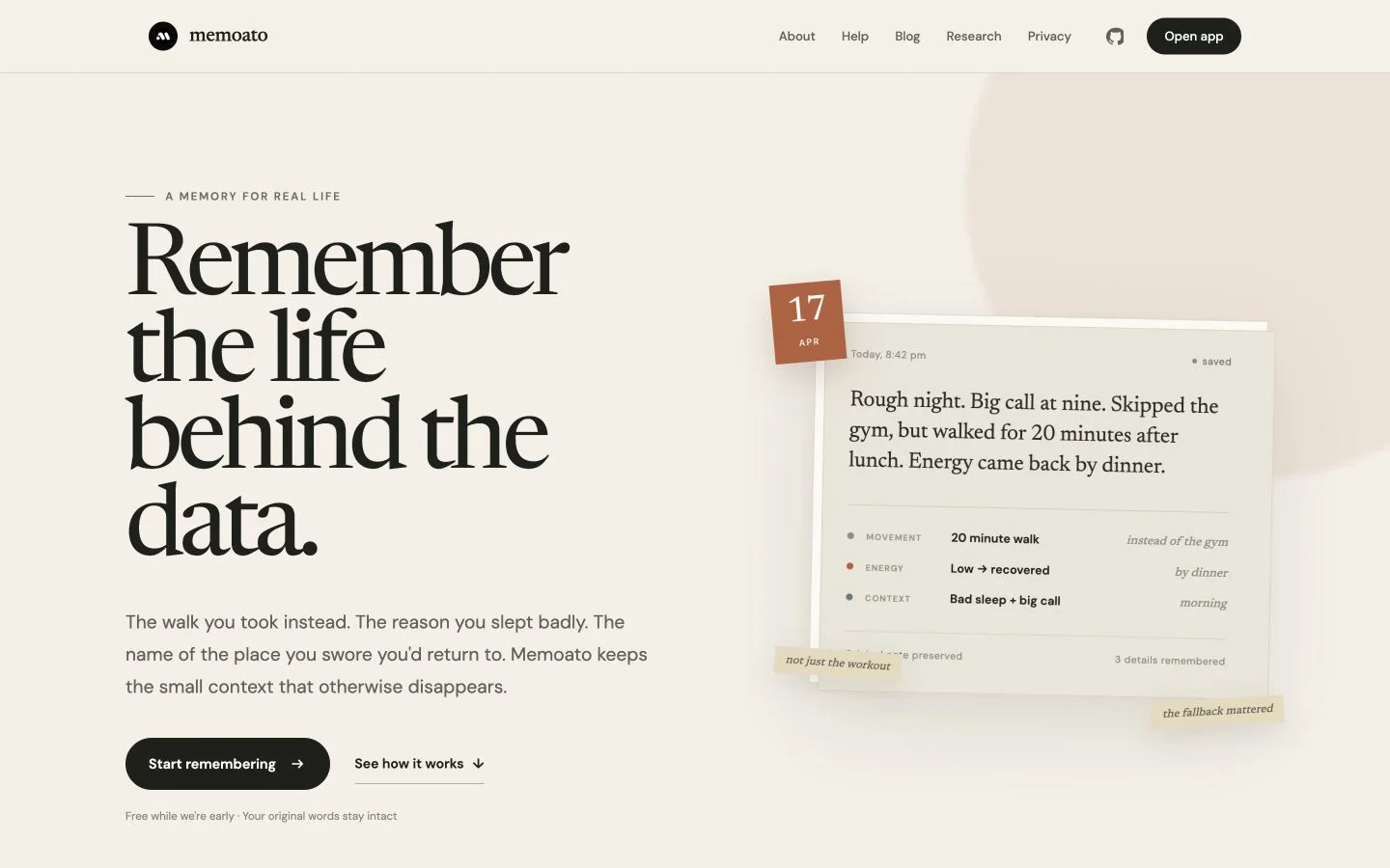 Memoato homepage showing natural-language capture and remembered details