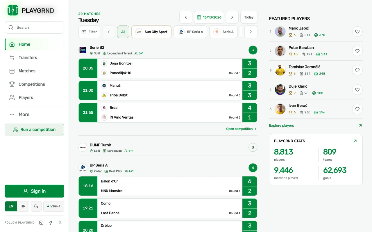 PLAYGRND football competitions, match results and player statistics